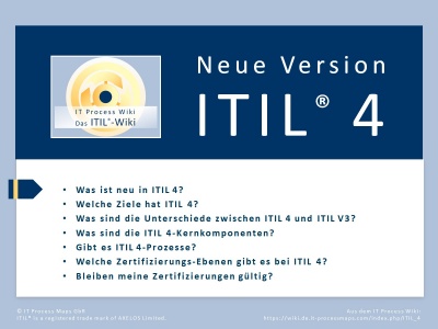ITIL 4 - Einführung. FAQ zur neuen Edition ITIL 4, veröffentlicht in 2019: Was ist neu in ITIL 4? Was sind die Ziele von ITIL 4? Was ist der Unterschied zwischen ITIL4 und ITIL V3? Gibt es ITIL V4 Prozesse? Welche Änderungen gibt es im Zertifizierungs-Programm?